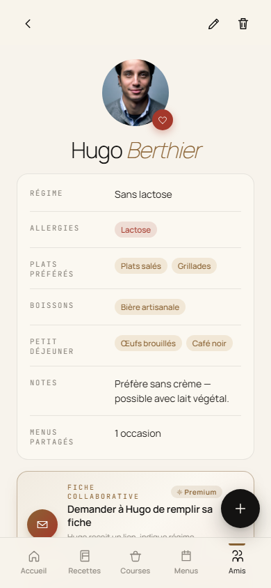 Fiche d'un ami dans Mijo : régime sans lactose, allergie, plats préférés