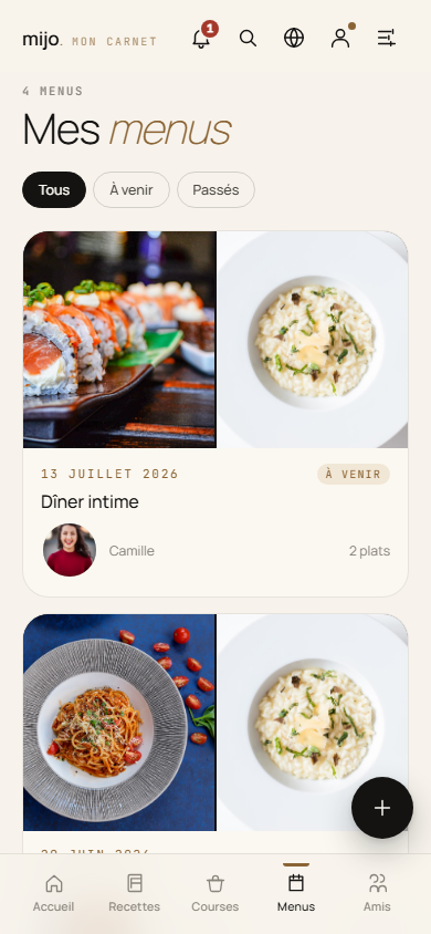 Liste des menus dans Mijo avec les invités